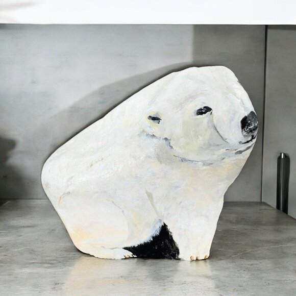 Hand Painted Folk Art Stone Paperweight Figurine Polar Bear Heavy Signed Lejman - Picture 3 of 15
